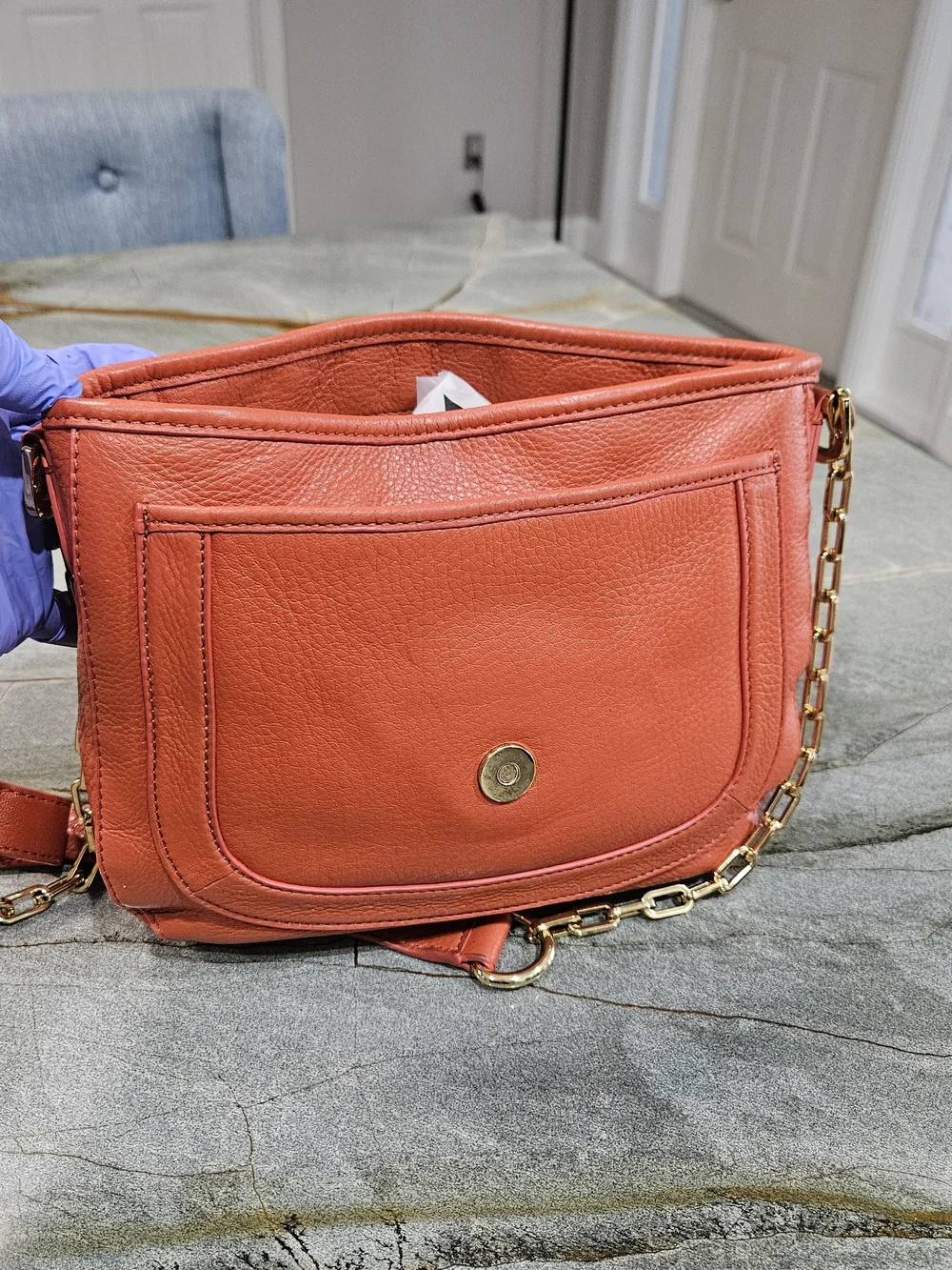 Tory Burch Amanda Logo Clutch Crossbody Coral Pebbled Leather Gold Chain